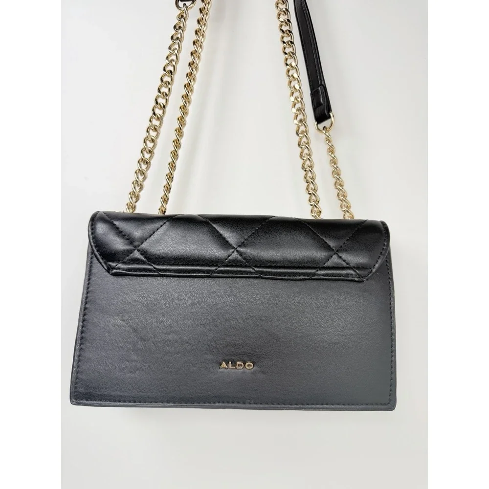 ALDO Quilted Crossbody Bag Black Gold Chain‎ Strap Shoulder Purse One Size